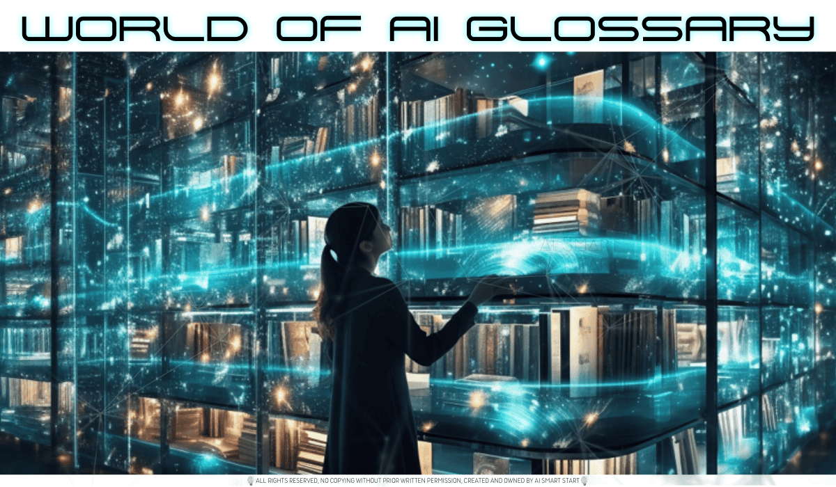 Futuristic digital library with holographic AI books, and an AI librarian showcasing interactive holograms.